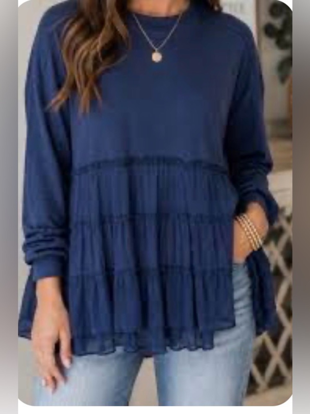 NWT Three Birds Nest szM On Your Side Tiered Ruffle Hem Top in navy…